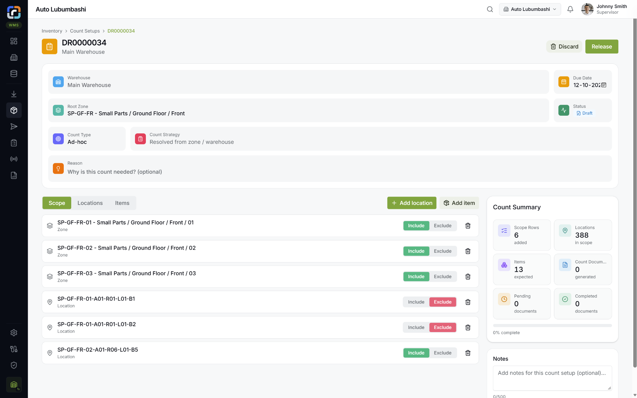 Renkei stock count setup showing warehouse, zone, count strategy, scope inclusions and exclusions, and count summary